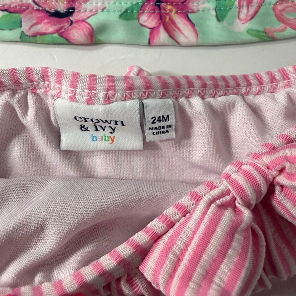 Crown & Ivy‎ Baby Girls 24M Flamingo Rash Guard Swimsuit Set Pink Mint Stripe